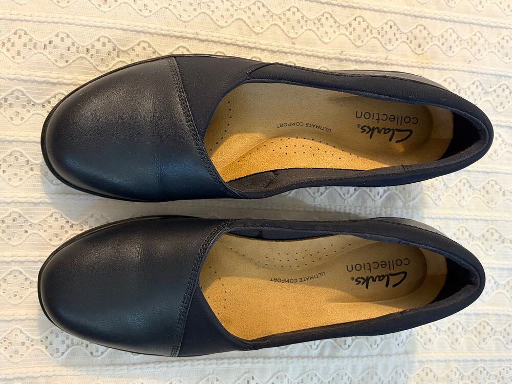 Clarks Collection Navy Blue Comfort Wedge Slip On Shoes Women's 7M Lightweight
